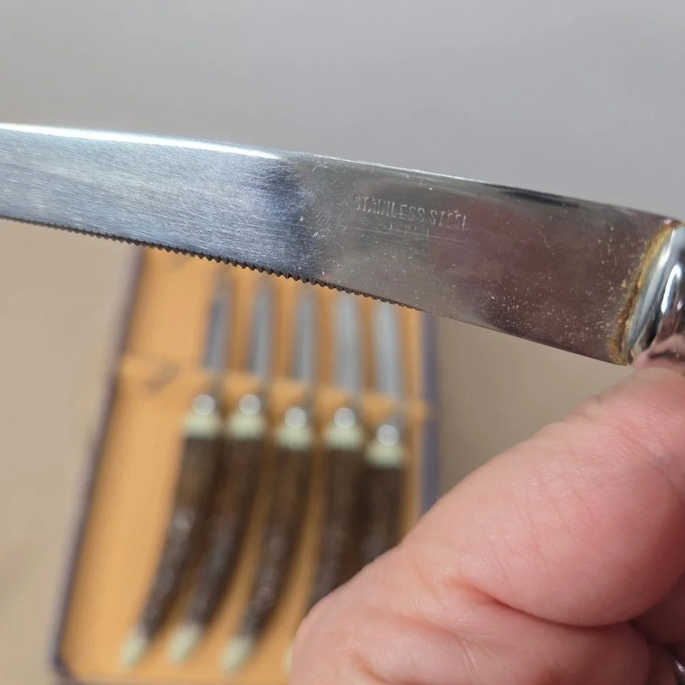 Vintage Faux Antler Handle Steak Knives Set of 6 in partial Original‎ Box